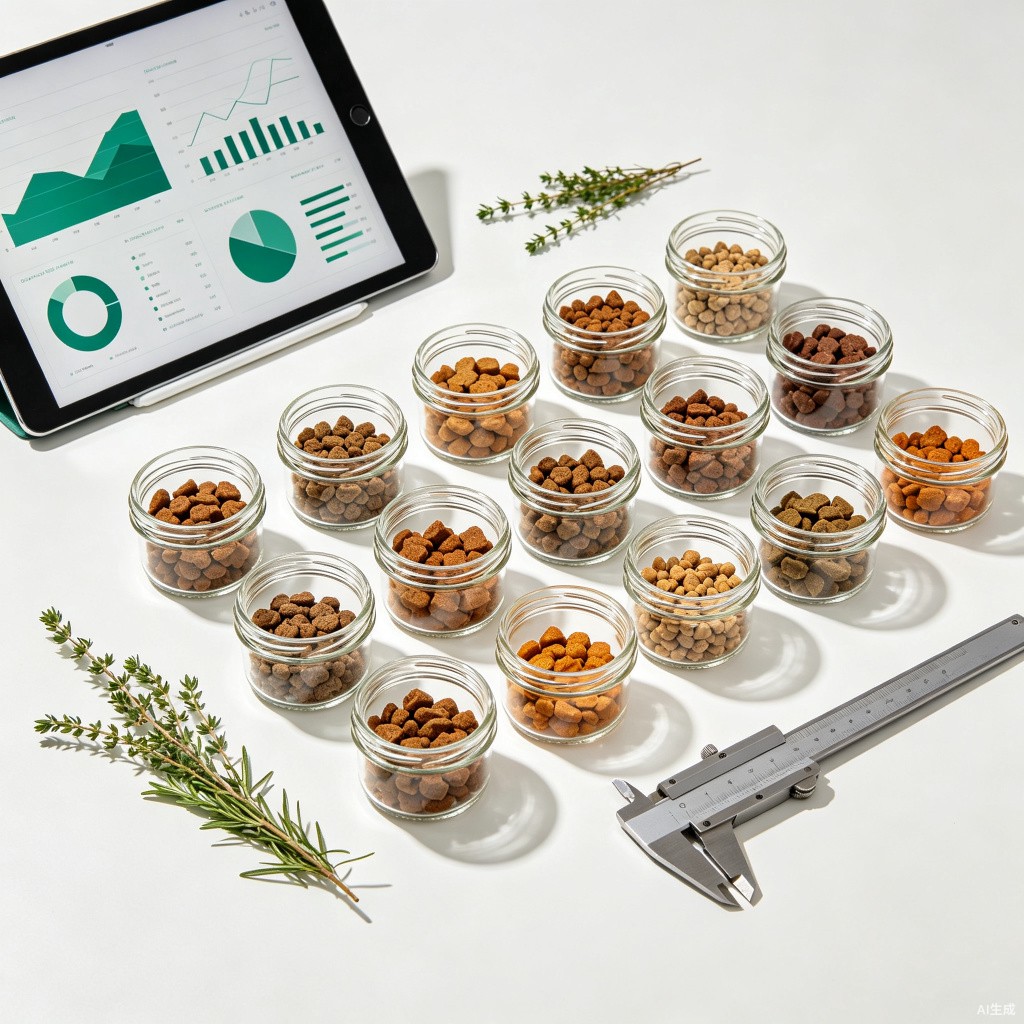 Overhead flat-lay of pet food quality testing with glass sample jars, data charts, and fresh ingredients