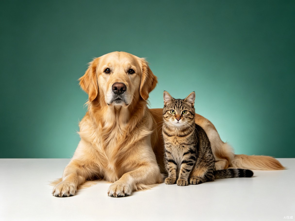 A healthy golden retriever and tabby cat together on a clean white surface
