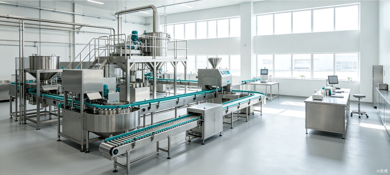 Clean modern pet food manufacturing facility with stainless steel equipment and natural light